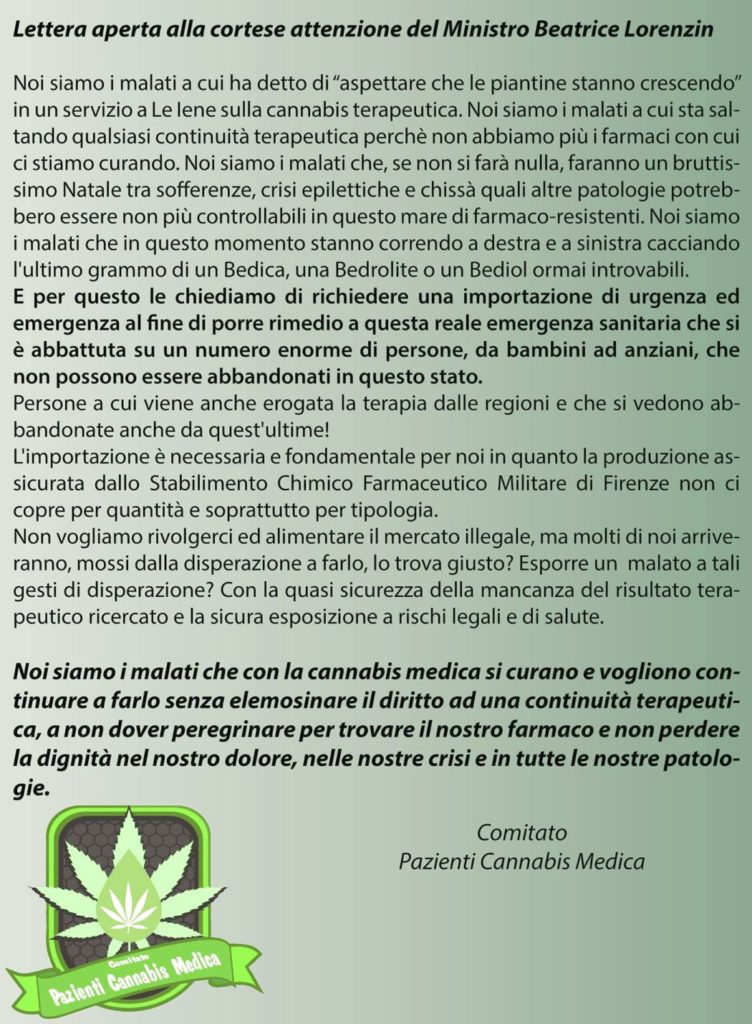 Lettera aperta Comitato Pazienti Cannabis Medica al ministro Lorenzin