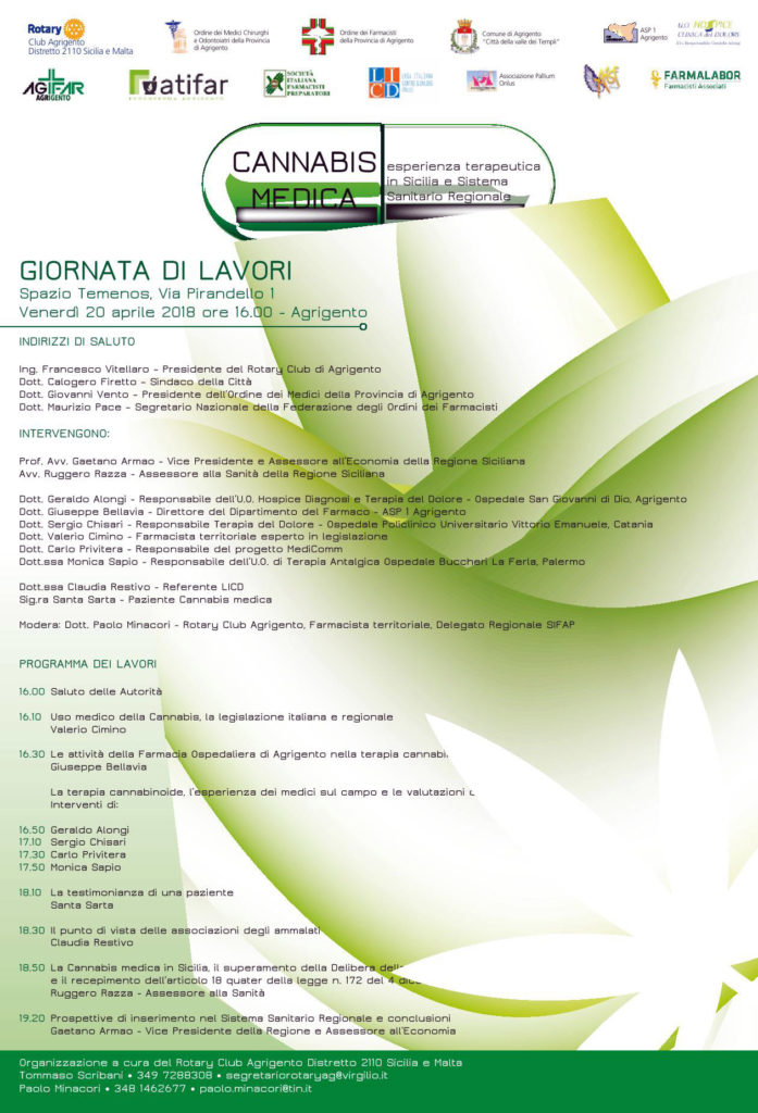 Cannabis medica esperienza terapeutica in Sicilia e Sistema Sanitario Regionale, convegno ad Agrigento