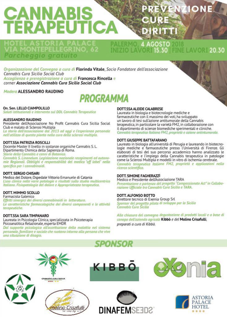 Cannabis terapeutica convegno a Palermo 4 agosto 2018 programma