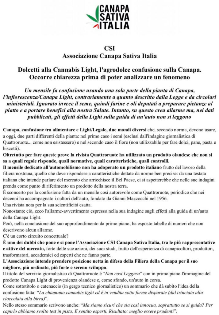 CSI Associazione Canapa Sativa Italia vs Quattroruote