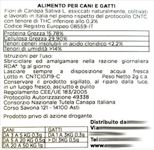 Canapa Light come materia prima per alimentazione animale ETICHETTA